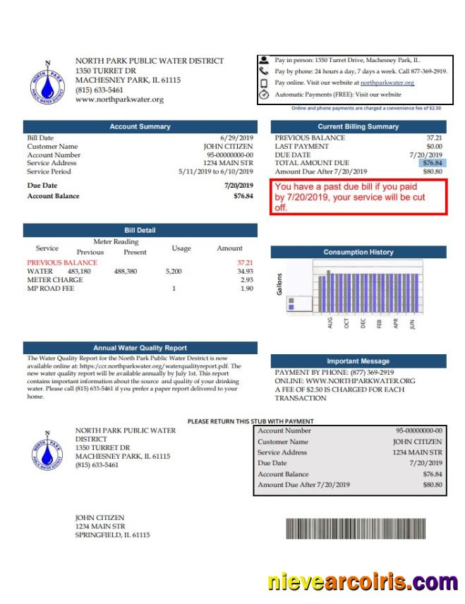USA Illinois North Park Public Water District IL utility bill